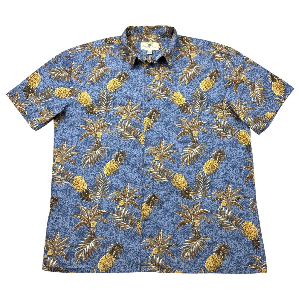 Island Shores Mens XL Blue Pineapple Palm Tree Tropical Cotton Button Down Shirt
